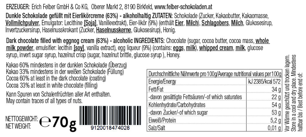 Inhaltsstoffe Christkind-Schokolade mit Eierlikörcreme
